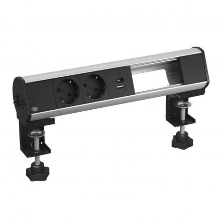 Deskbox-Контактна кутия за бюро със стягаща закрепваща скоба, 2 VDE контакта, USB зарядно устройство