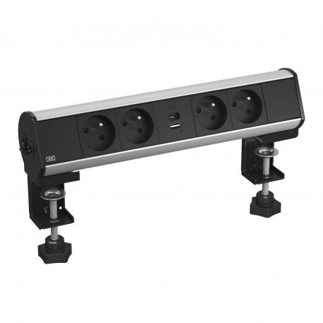 Deskbox-Контактна кутия за бюро със стягаща закрепваща скоба, 4 VDE контакта, USB зарядно устройство